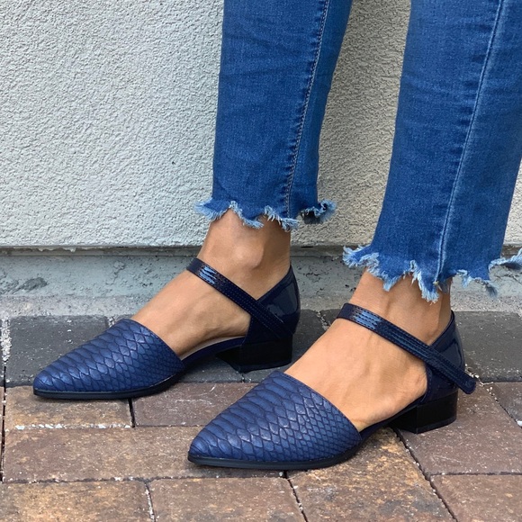 Navy Snake Embossed Pointy Toe Mary Jane Loafer - Picture 3 of 7